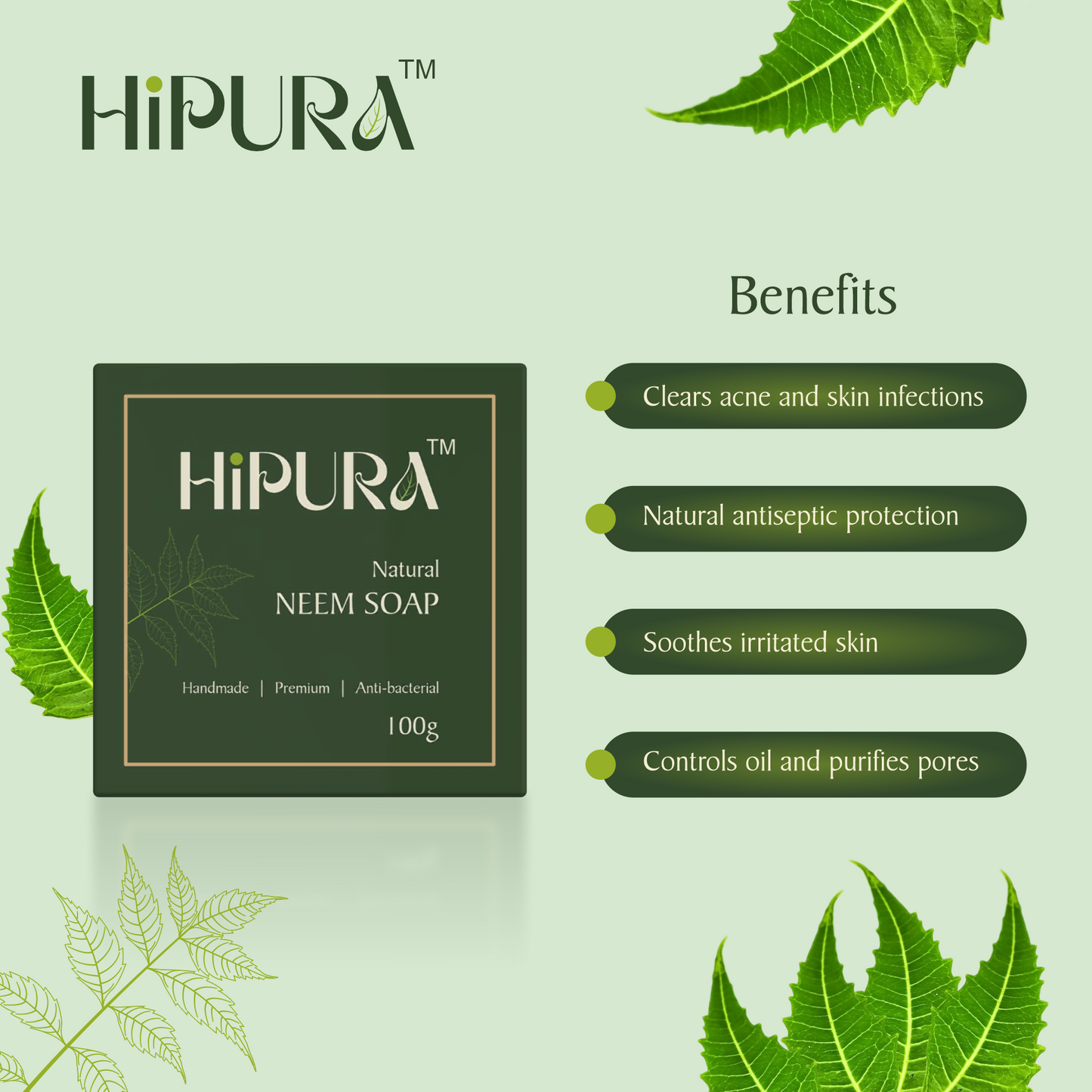 HiPura Neem Soap – Pack of 5 | Herbal Anti-Bacterial Ayurvedic Soap for Acne & Sensitive Skin | Handmade Face & Body Soap | 100g Each