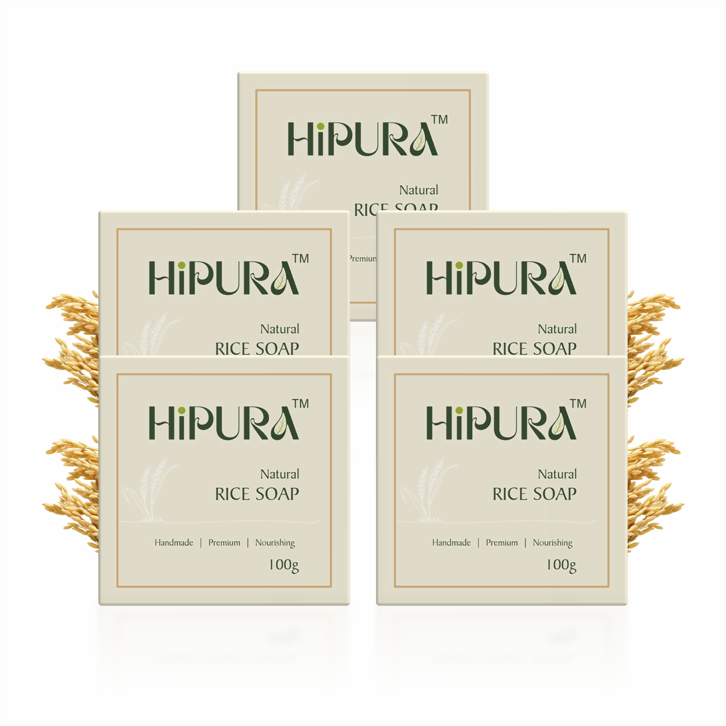HiPura Rice Soap – Pack of 5 | Brightening & Hydrating Handmade Soap with Rice Water | Nourishing Ayurvedic Face & Body Bar | 100g Each