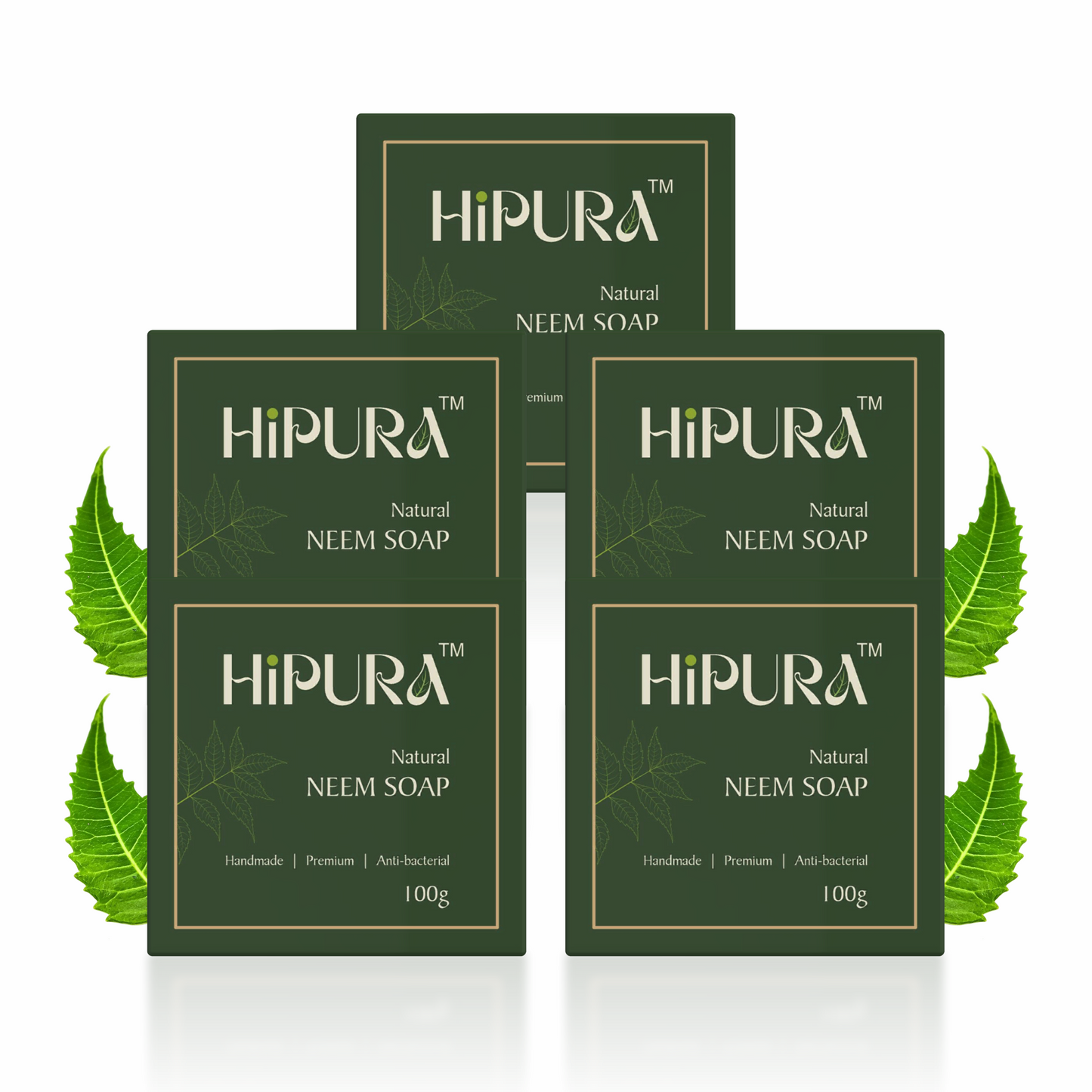 HiPura Neem Soap – Pack of 5 | Herbal Anti-Bacterial Ayurvedic Soap for Acne & Sensitive Skin | Handmade Face & Body Soap | 100g Each