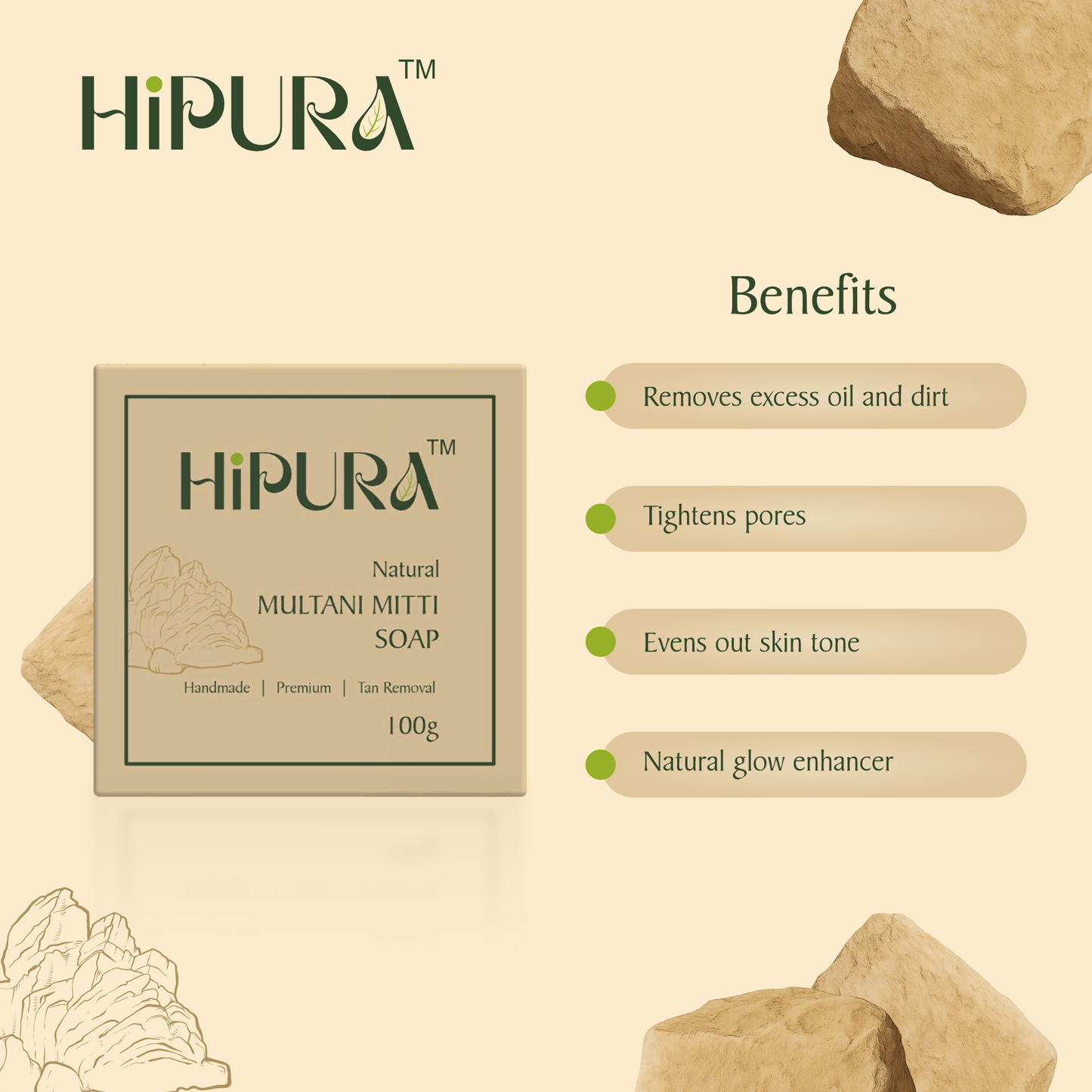 HiPura Multani Mitti Soap – Pack of 5 | Oil Control & Pore Tightening Soap with Sandalwood | Handmade Ayurvedic Soap | 100g Each
