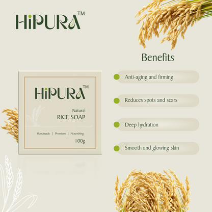 Hipura 100% Handmade Rice Soap with Rice Water & Coconut Oil | Skin Brightening & Softening Soap Bar | Gentle Natural Soap for Sensitive & Dry Skin | 100g