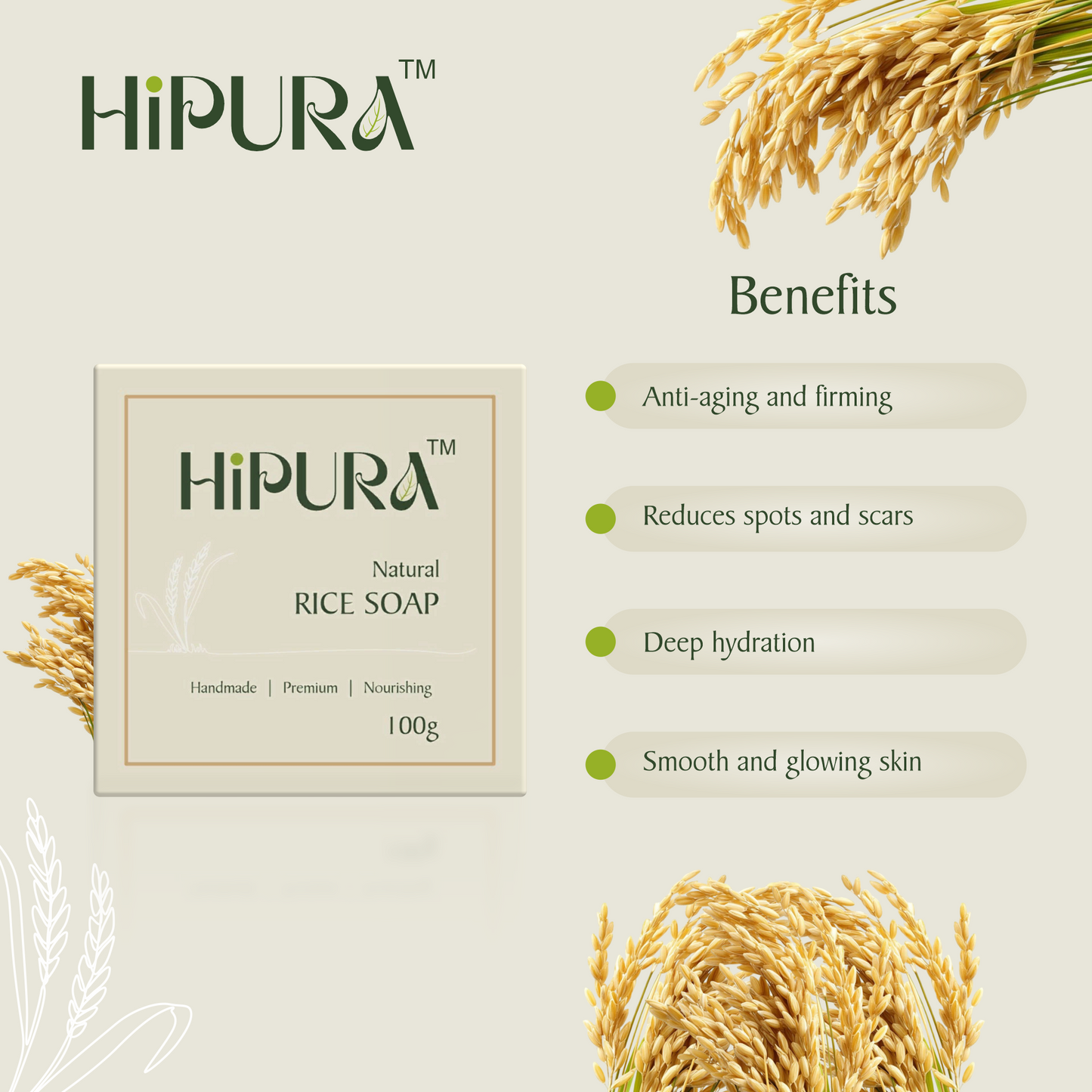 HiPura Rice Soap – Pack of 5 | Brightening & Hydrating Handmade Soap with Rice Water | Nourishing Ayurvedic Face & Body Bar | 100g Each
