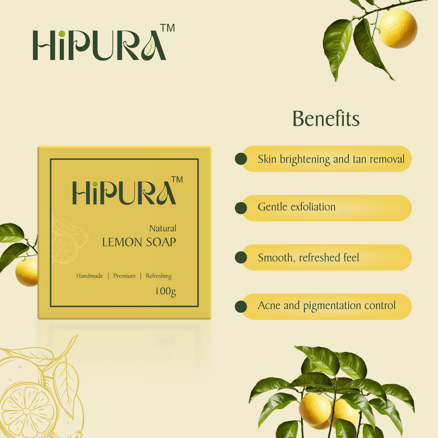 HiPura Lemon Soap – Pack of 5 | Brightening Soap with Lemon & Jaggery | Handmade Natural Tan Removal Soap | Face & Body | 100g Each