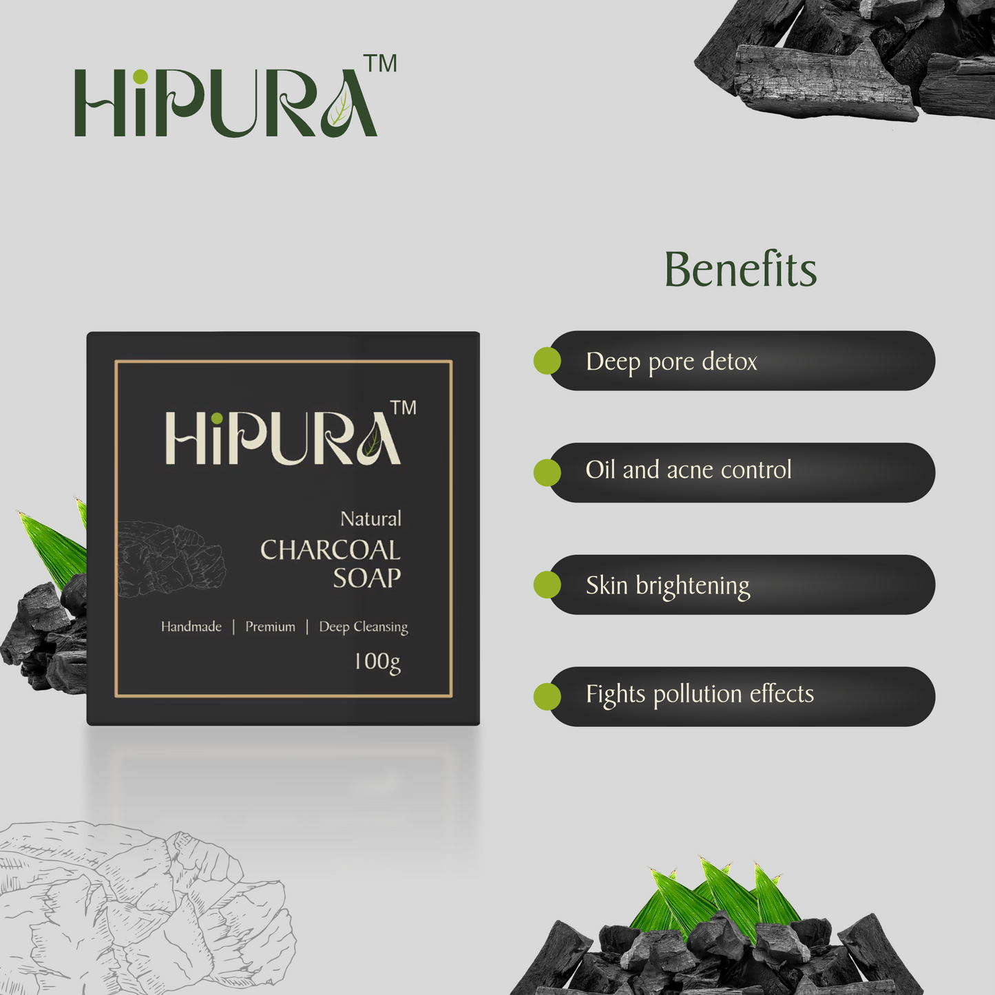 HiPura 100%handmade Charcoal Soap with Activated Charcoal & Cow Dung Ash | Deep Cleansing & Detox Bar for Face & Body | Handmade Transparent Soap for All Skin Types | 100g