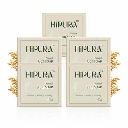HiPura Rice Soap – Pack of 5 | Brightening & Hydrating Handmade Soap with Rice Water | Nourishing Ayurvedic Face & Body Bar | 100g Each