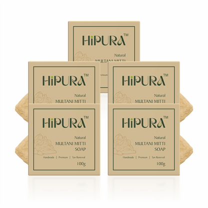 HiPura Multani Mitti Soap – Pack of 5 | Oil Control & Pore Tightening Soap with Sandalwood | Handmade Ayurvedic Soap | 100g Each