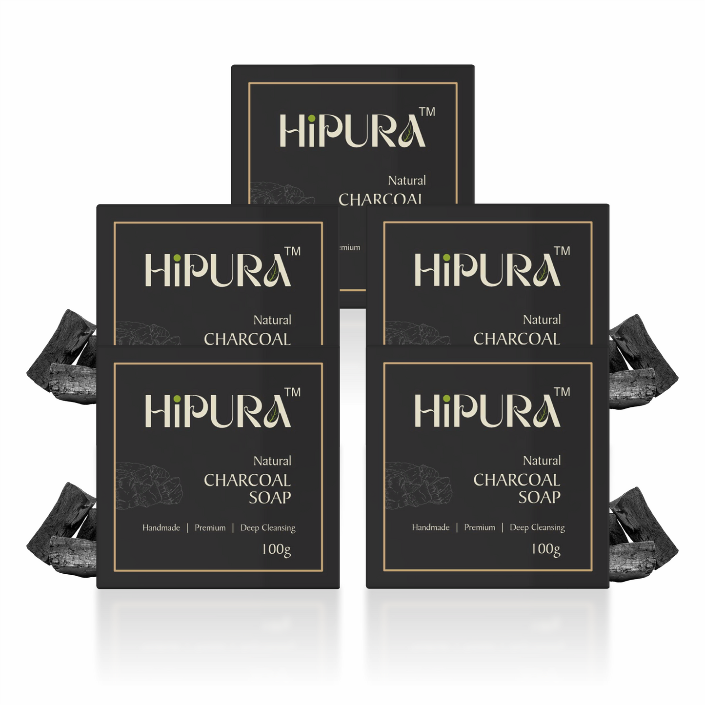 HiPura Charcoal Soap – Pack of 5 | Activated Charcoal, Lemon & Cow Dung Ash | Handmade Detox Soap for Face & Body | 100g Each