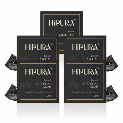 HiPura Charcoal Soap – Pack of 5 | Activated Charcoal, Lemon & Cow Dung Ash | Handmade Detox Soap for Face & Body | 100g Each